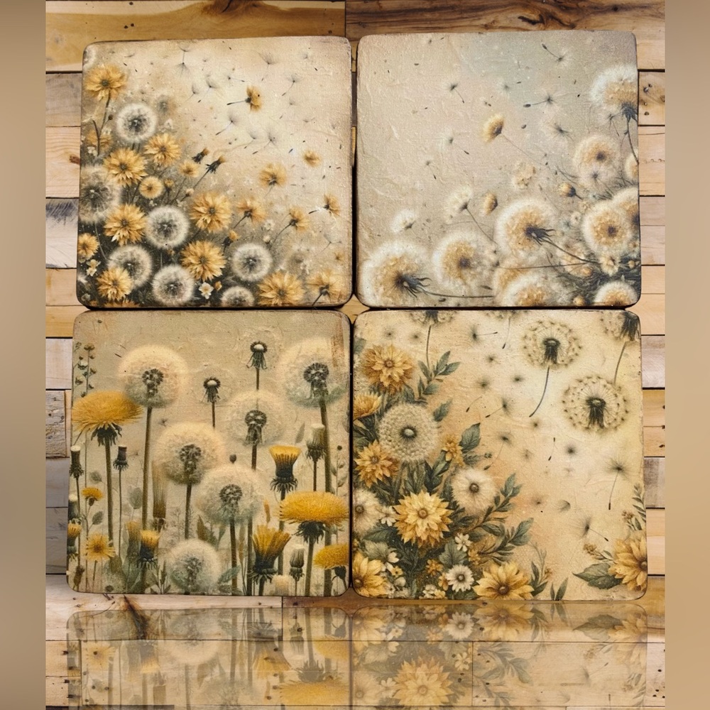 Handmade Spring Vintage Dandelion 4” Square Wood Coasters – Set of 4